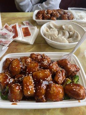 Sesame Tofu, and vegetable steamed dumplings.