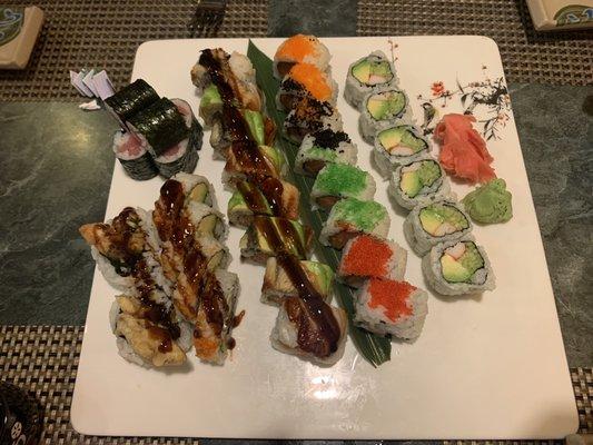 Spider roll, tuna roll, Kiku special, Christmas roll, and California roll