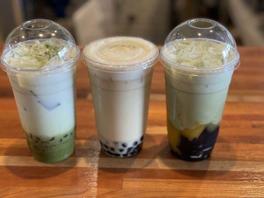 Cold Matcha Latte, Cold Oolong Milk Tea, and Cold Mango Matcha