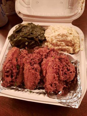 I got the wing platter with potato salad and collard greens