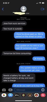 First text exchanges with Jose when he picked up my car.