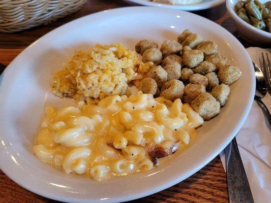 Fried Okra, Macaroni n' Cheese, Hashbrown Casserole