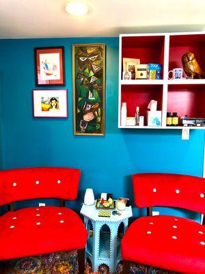 The office awaits you, with love, color, and whimsy. This is our founder Nicole's office, aka, the blue room :)