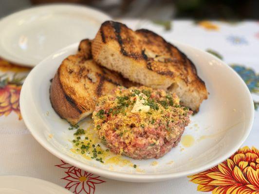 Beef tartare with cured duck egg