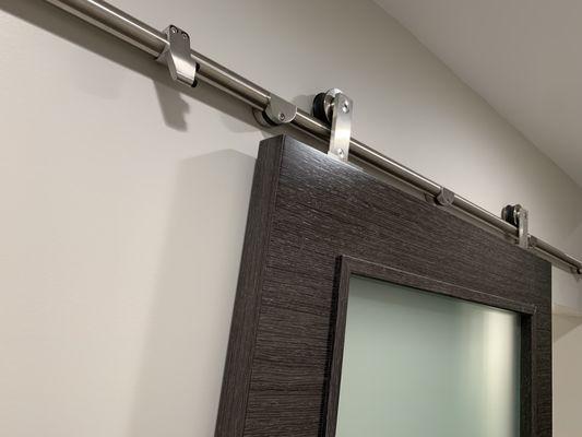 Master Bathroom Barn doors and chrome hardware