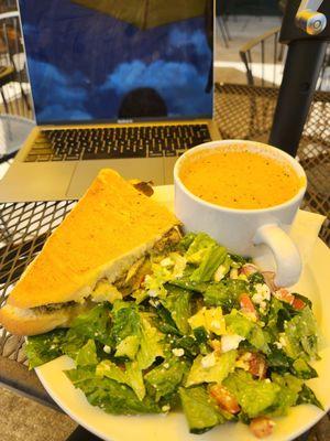 Lunch trio: chicken pesto, tomato basil soup and Greek salad