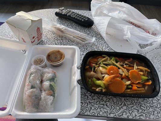 A12. Summer Roll & E15. Pad Prik (with seafood).