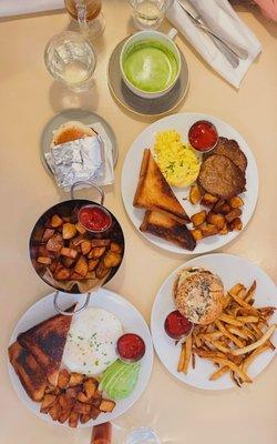 Brunch spread: Egg Sandwich with Bacon / Lamb Merguez Patty, 2 Eggs with Crispy Potato and otway burger