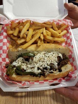 Philly CheeseSteak with Fries and Grilled Shrimp Salad