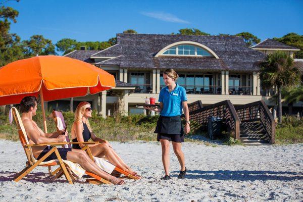 Sea Pines Beach Club premium orange beach chairs exclusively for Inn & Club guests (seasonal)