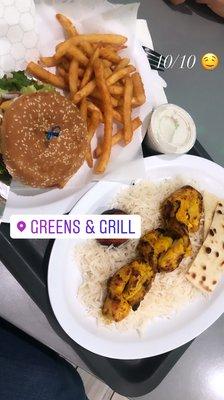 Chicken kabob plate and Cheese Burger Combo