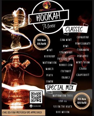 Hookah menu as of 2/14/2022