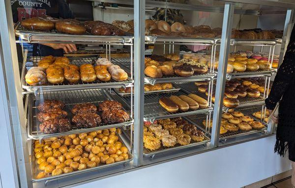 Display case of donuts