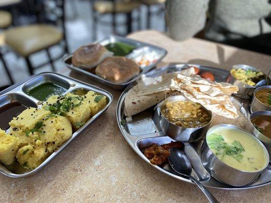 Dhokla, Vada Pav, 4. Roti, 4 Piece Vegetables and Dal