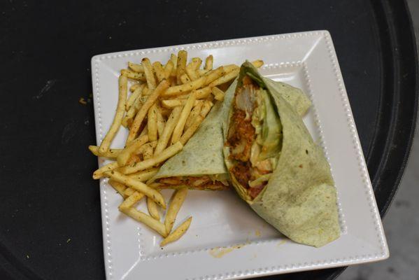 Buffalo Chicken Wrap served with seasoned fries