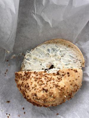 Onion bagel, cucumber dill cream cheese