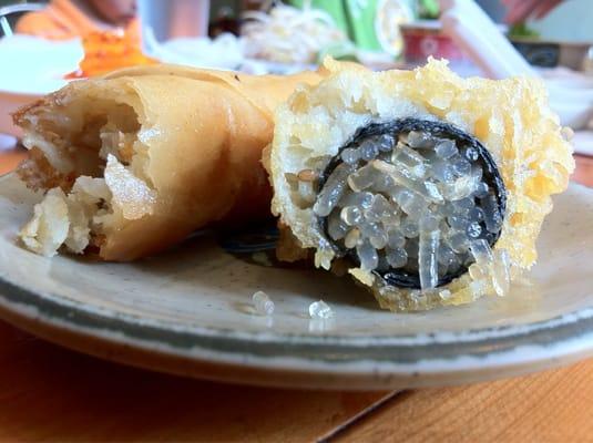 Inside a deep fried japchae roll