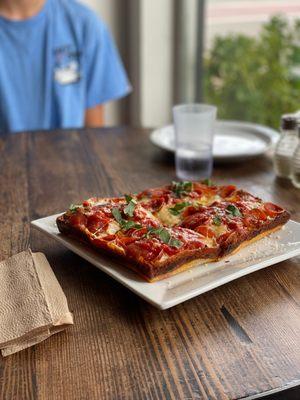 Detroit style pizza coming in hot from my local Neapolitan style spot!! I hope they keep this on their menu because it was delicious.