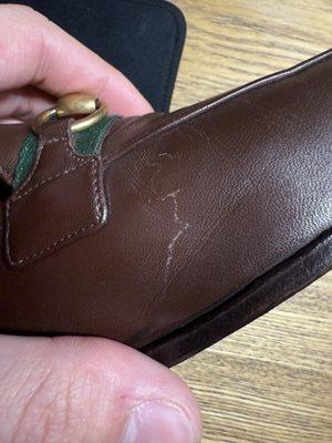 Scratched leather that was not there when I dropped the shoe off.