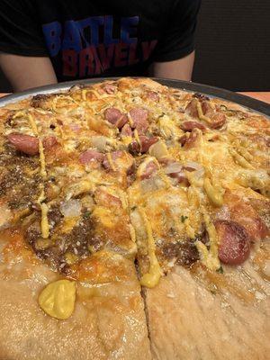 Detroit Coney Island Pizza.  The crust tasted kind of frozen, but the combination flavors was otherwise excellent.