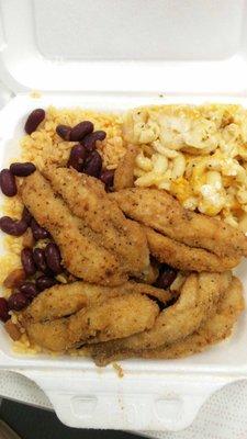 Cheryl's fried fish, the best mac and cheese you've had, and rice and red beans