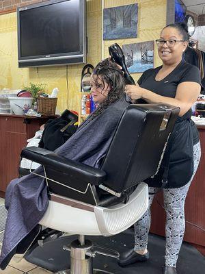 She was getting her hair blown out by ms. Star