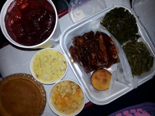 Rib dinner with collard greens & string beans. Side order or mac-n-cheese & potato salad. Kool aid & sweet potato pie! Yummy!!!