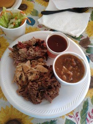 3-meat plate. Brisket,  turkey,  pork butts, baked beans and sauce.