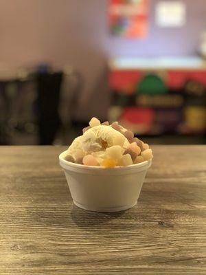 Coconut ice cream topped with mochi