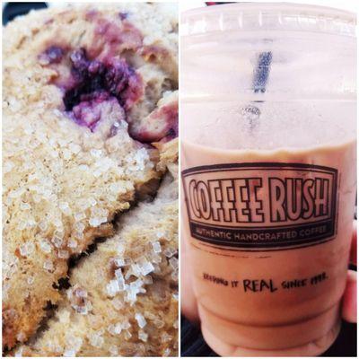 Marionberry scone and iced half sweet mocha.