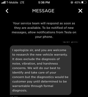 Tesla telling customers that they have to pay to diagnose issues for a car under warranty.