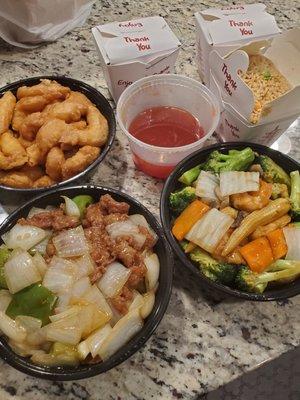 Pepper Steak, Shrimp with Vegetables, and Sweet & Sour Chicken