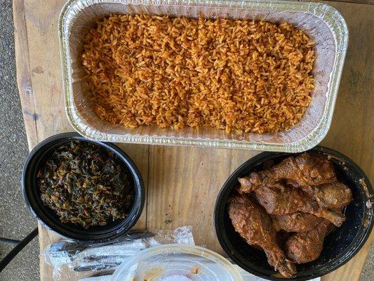 Family Meal Plan Jollof Rice with Chicken, plus an order of spinach.