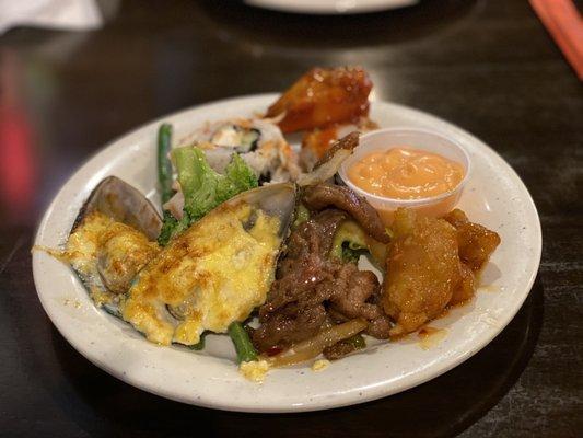 Cheese covered mussels and Mongolian beef