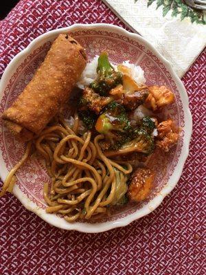 Shrimp egg roll, Vegetable Lo Mein, Broccoli w. Garlic Sauce, Sesame Bean Curd