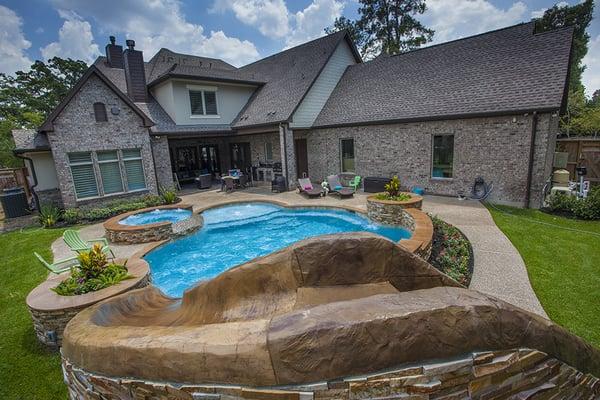 Pool/Spa combo with custom -rock water-slide