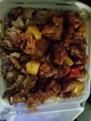 Half teriyaki chicken (dry) half Pineapple chicken (good) with yakisoba. 2 meat for 9 dollars plus 50 cents for noodles.