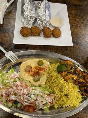 Beef shawarma sandwich with falafel/ chicken kabob plate