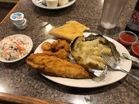 2 combo seafood Dinner; shrimp & flounder. Wanted oysters but out. Baked potato cold & no hush puppies.