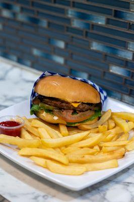 beef burger with fries