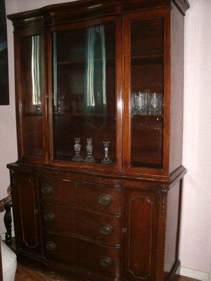 1950s mahogany china cabinet and buffet. Curved glass windows. Some wear, original hardware.