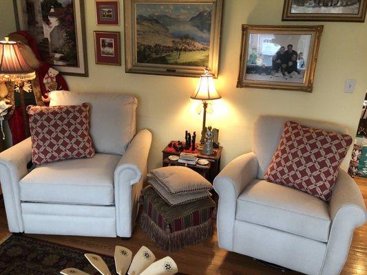 Left: power recliner that is as comfortable as a bed! And on right a rocker/swivel chair. Both VERY comfortable.