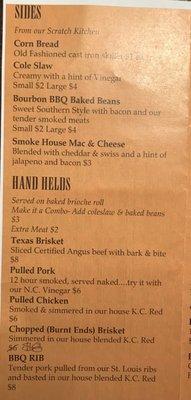 Menu- sides and hand helds (sandwiches)