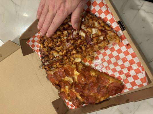 Pepperoni and BBQ, medium,   hand for reference, 12" diameter