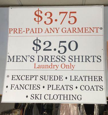 General Prices for dry cleaning and men's shirt laundry.