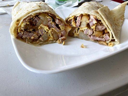 Cross-section of the glorious ham breakfast burrito