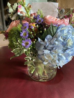 Get well soon arrangement!  Patient was so happy with the hydrangeas in the bouquet!