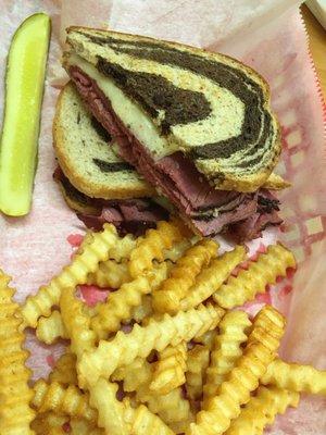 Hot pastrami on marble with French Fries