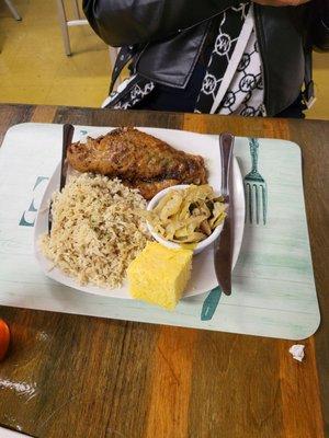 Baked turkey wings, rice and cabbage w/cornbread