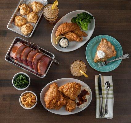 Fried chicken, mashed potatoes, fried catfish, broccoli, roasted pork loin, and pie!